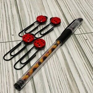 Clip 'N Button Bookmarks (4pcs) plus "Write in Style" Pens (1) ~ Lady Bugs